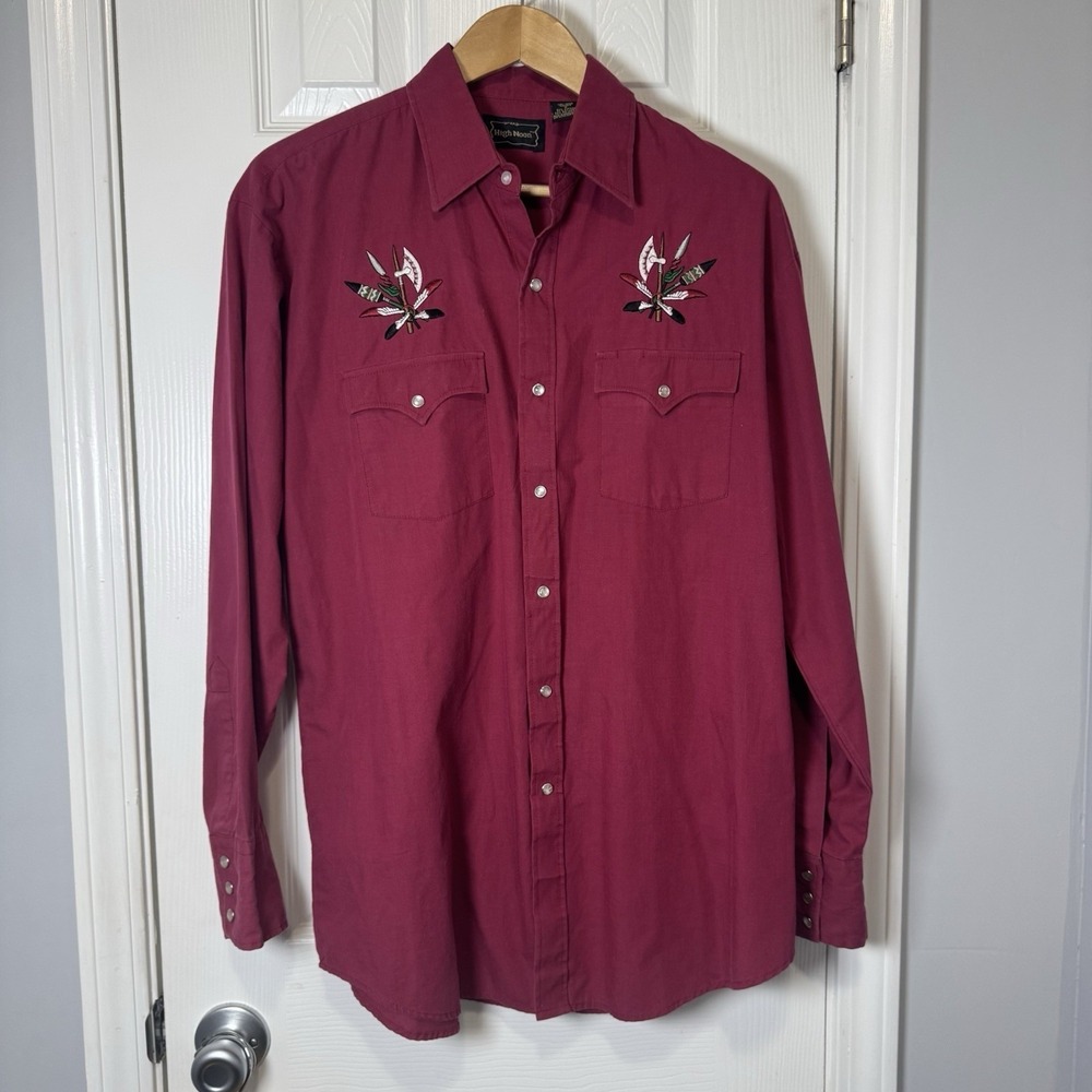 Vintage High Noon Men's Red Aztec Embroidered‎ Pearl Snap Western Shirt Size Med